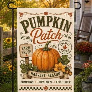 Tuinvlag met pompoenmotief, herfstvlag, herfstdecoratie voor de veranda, tuinvlag met verse pompoenen van de boerderij, Thanksgiving-buitenbanner