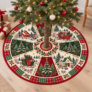 May include: A circular Christmas tree skirt featuring a patchwork design with alternating panels of red and green plaid, snowy landscapes with houses, pine trees, and red sleighs filled with gifts, accented by holly and pinecone borders.