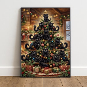 May include: A vertical wall art print depicting a Christmas tree decorated with colorful string lights and ornaments, featuring numerous black cats perched on the branches. Several wrapped gift boxes are positioned at the base of the tree.