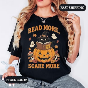 Read More Scare More Halloween Book Lover T-Shirt With Cat And Pumpkin
