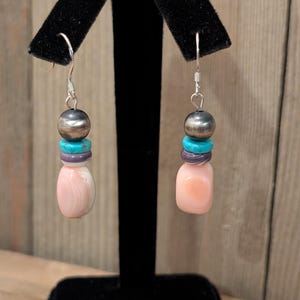 Pink Conch Shell, Turquoise, & Sterling Silver Pearl Navajo Earrings
