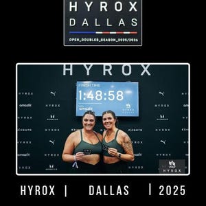 May include: Two women in athletic wear stand before a HYROX backdrop. A digital display shows a finish time of 1:48:58. The image includes the text "HYROX DALLAS" and "OPEN_DOUBLES_SEASON_2025/2026".