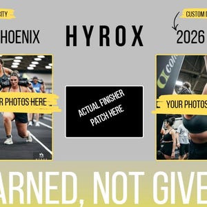 Peut inclure: Graphique gris avec le mot "HYROX", la ville "PHOENIX" et l'année "2026". La phrase "EARNED, NOT GIVEN" est en bas. L'image comprend des photos d'action de personnes en train de s'entraîner.