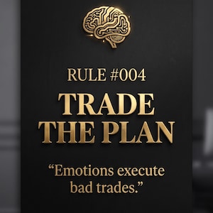 May include: A black rectangular sign featuring a gold embossed brain icon at the top. Below the icon, the text reads: RULE #004 TRADE THE PLAN. Underneath, the quote "Emotions execute bad trades." is printed in gold lettering against the black background.