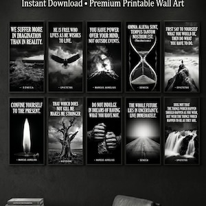 May include: A collection of ten black and white wall art posters featuring Stoic quotes and imagery. The text reads 10 STOIC POSTERS TO TRANSFORM YOUR MINDSET, Instant Download, Premium Printable Wall Art, and includes various philosophical phrases.