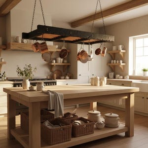 May include: A spacious kitchen with a wooden island and hanging pot rack. Copper pans and pots are suspended above the island. The kitchen has wooden cabinets, shelves, and a large window, creating a warm and inviting atmosphere.