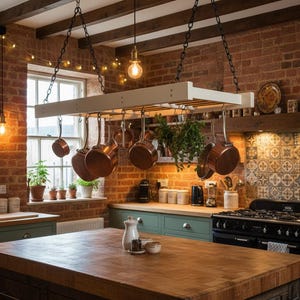 May include: A white wooden rectangular pot rack suspended by black metal chains from a ceiling, featuring multiple copper-coloured pots and pans hanging from hooks, with a bunch of green herbs hanging in the centre of the kitchen display.