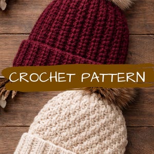 Set of 2 Crochet Beanie Patterns – Ribbed Pom & Puff Stitch Hat | PDF Digital Download
