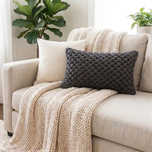 May include: A neutral-toned living room scene featuring a beige sofa adorned with a cream-colored knitted throw blanket and decorative pillows. A dark gray, woven-patterned rectangular pillow is the focal point, complemented by a solid cream pillow. A potted plant adds a touch of greenery.