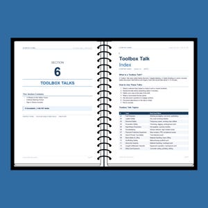 May include: Open notebook with a black spiral binding, featuring the title "Toolbox Talks" and an index of safety topics. The notebook is on a blue background. The text includes "Section 6" and "12 Ready-to-Use Safety Topics."
