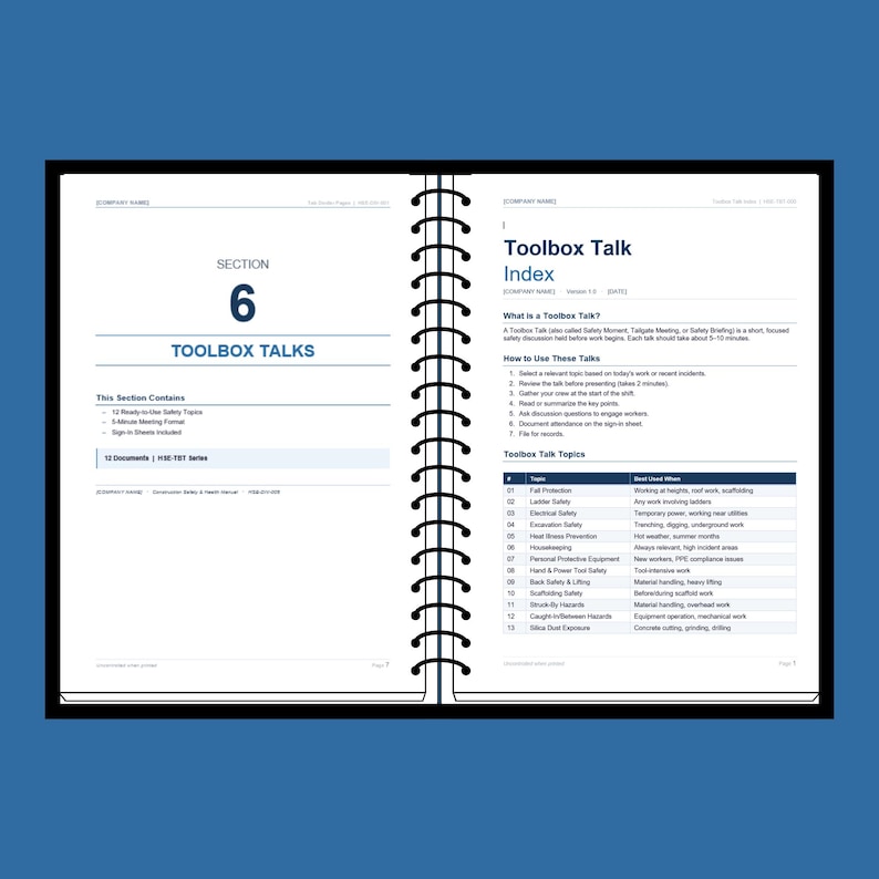 May include: Open notebook with a black spiral binding, featuring the title "Toolbox Talks" and an index of safety topics. The notebook is on a blue background. The text includes "Section 6" and "12 Ready-to-Use Safety Topics."