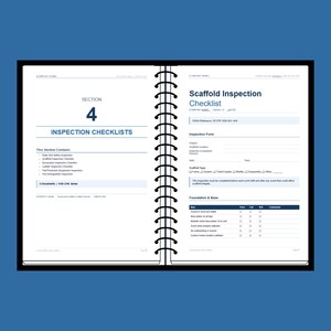 May include: Open spiral-bound notebook with a blue cover, displaying a "Scaffold Inspection Checklist." The left page has "Section 4" and "Inspection Checklists." The right page details inspection forms and checklist items for scaffolding.