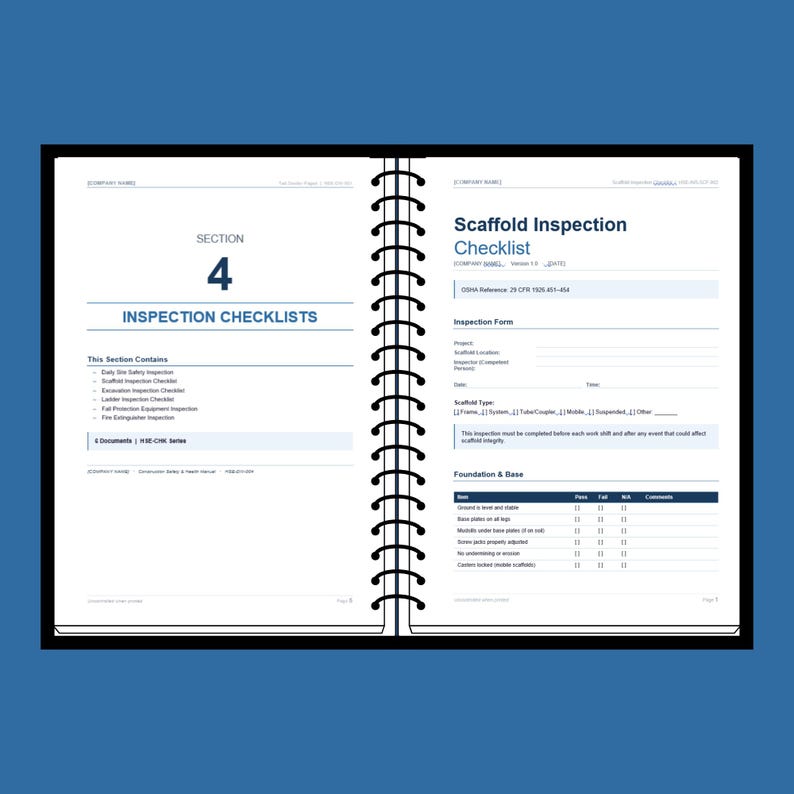 May include: Open spiral-bound notebook with a blue cover, displaying a "Scaffold Inspection Checklist." The left page has "Section 4" and "Inspection Checklists." The right page details inspection forms and checklist items for scaffolding.