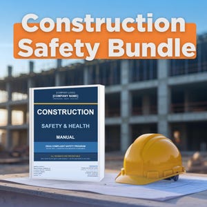 May include: A Construction Safety Bundle featuring a white manual titled Construction Safety & Health Manual with OSHA compliant safety program text, alongside a bright yellow hard hat resting on a blueprint on a wooden surface.