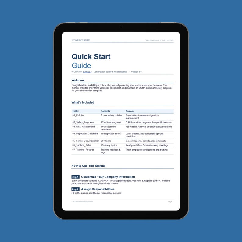 Construction Safety Manual Template for Contractors OSHA Compliant