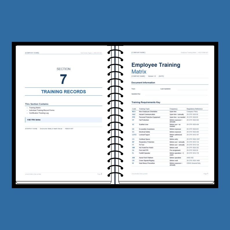 May include: Open notebook with a black cover and spiral binding. The pages display the title "Employee Training Matrix" and "Training Records." The document includes a training requirements key and other training information.