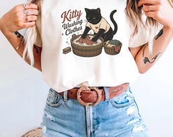 Kattskjorta i komfortfärger, rolig svart katttvättskjorta, katttvättskjorta, tvättdagskjorta, vintage kattälskarepresent, söt kattunge-tröja