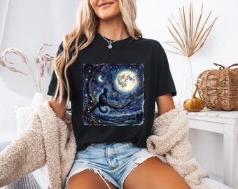 Midnight Kitty Comfort Colors Tee, Dreamy Moonbeam Cat Shirt, Minimalist Starry Night Top, Aesthetic Celestial Graphic Tee, Gift for Cat Mom