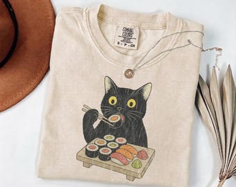 Katt Sushi Unisex T-shirt, Katt som äter Sushi Rolig T-shirt, Grafisk T-shirt för Kattälskare, Vintage Svart Katttopp, Cool Avslappnad Japansk Matt-T-shirt