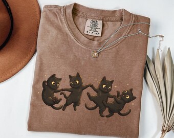 Svarta katter unisex t-shirt, söta katter som dansar rolig t-shirt, grafisk t-shirt för kattälskare, himmelsk katttopp, cool avslappnad musikkatttryckt t-shirt