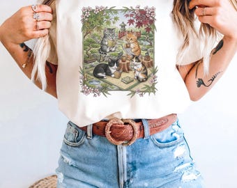 Läsande katt T-shirt Mysig Cottagecore Anime Tee Japansk trädgårdsväxt Bokmal Katt Grafisk T-shirt Teälskare Gåva För Bokälskare Mamma