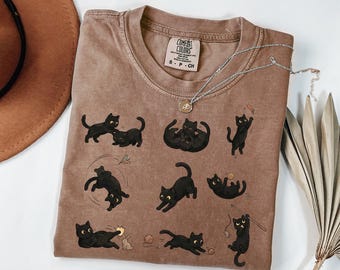 Svarta katter unisex t-shirt, söta kattungar som leker rolig t-shirt, grafisk t-shirt för kattälskare, nyckfull garnkattopp, aktiv katttryckt t-shirt