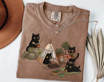 Svarta katter unisex t-shirt, söta kattungar planterar rolig t-shirt, grafisk t-shirt för kattälskare, nyckfull växthuskatt-topp, trädgårdsväxt-tröja