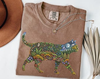 Boho Celestial Moon Cat Shirt Short Long Sleeve Mystical Forest Animal Tee Cottagecore Mushroom Wildflower T-Shirt Witchy Cat Gift For Her