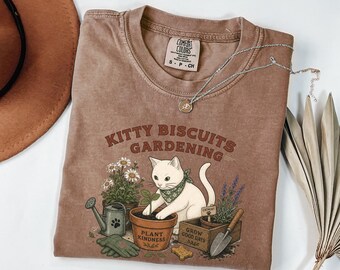 Kattskjorta i komfortfärger, rolig trädgårdsskjorta, kattkaka-t-shirt, växtälskare-present, trädgårdst-t-shirt, galen kattdame-t-shirt, växtvänlighet-t-shirt