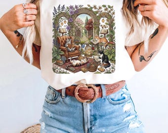 Cottagecore Bokälskare Katter & Botanisk Trädgård T-shirt, Vintage Akvarell Kattunge T-shirt, Växtmamma Gåva, Akademisk Kattälskare T-shirt för Trädgårdsmästare