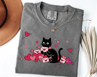 Alla hjärtans dag katt t-shirt, söt kattunge t-shirt, alla hjärtans dag present till kattälskare, romantisk kärlek katt t-shirt för kvinnor