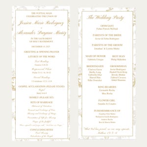 Puede incluir: Programa de boda de dos paneles con elegante escritura dorada y detalles florales. El panel izquierdo enumera los detalles de la ceremonia, incluyendo lecturas y oraciones. El panel derecho presenta los nombres de la fiesta de bodas. La fecha es el 19 de diciembre de 2025.