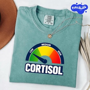 Könnte beinhalten: Ein teal Comfort Colors T-Shirt mit einem Grafikdesign, das "CORTISOL" unter einer Anzeige mit "LOW", "MEDIUM" und "HIGH" zeigt. Eine silberne Halskette mit Anhänger liegt über dem Shirt.