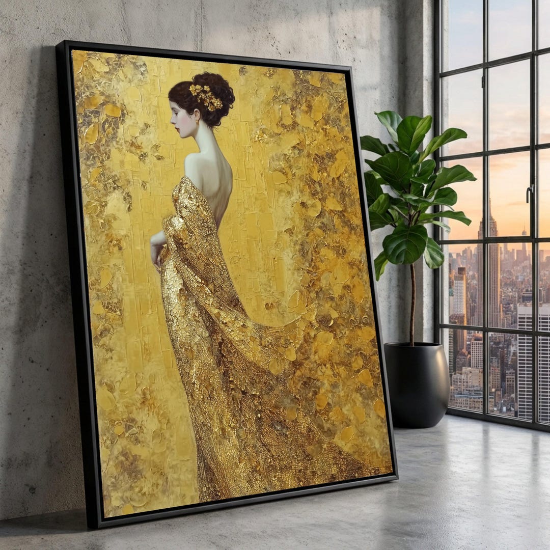 Elegant Woman in Gold Gown Canvas Wall Art, Gustav Klimt Abstract ...
