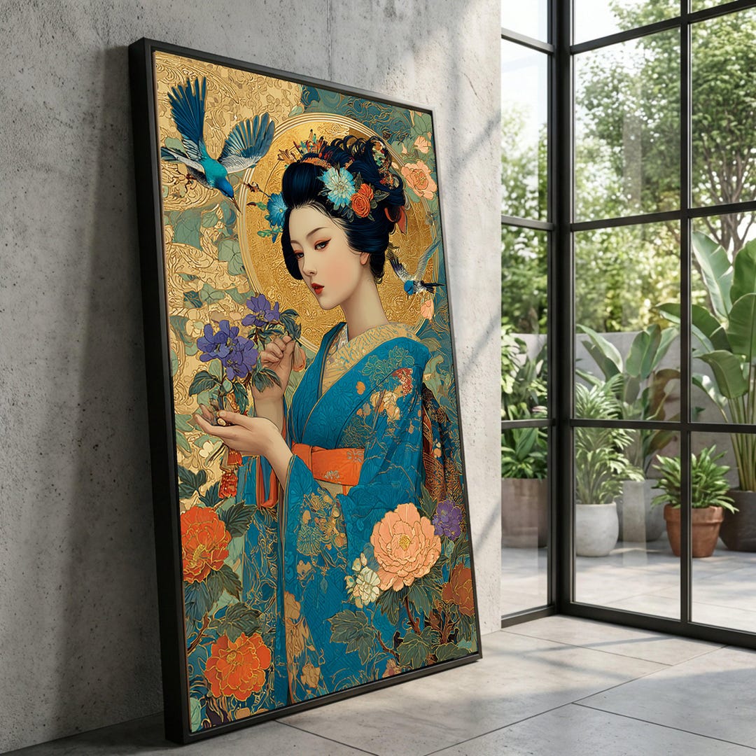 Elegant Geisha Portrait Canvas, Traditional Japanese Kimono Wall Art ...