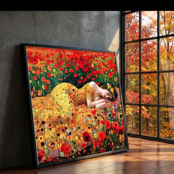 Gustav Klimt Sleeping Woman Canvas, Floral Field Wall Art, Vibrant Poppy Flowers, Decorative Home Canvas Painting, Modern Art Print