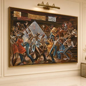 Pode incluir: Uma grande pintura a óleo emoldurada retratando uma cena de salão de dança lotado intitulada The Sugar Shack. Numerosas figuras em roupas coloridas dançam sob um feixe de luz triangular brilhante. Banners pendem do teto com texto incluindo Dance, The Sugar Shack e WMPG.