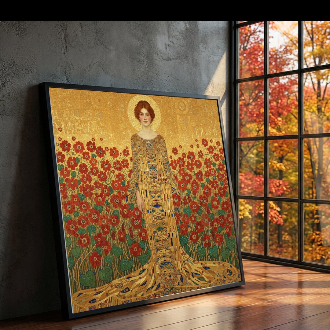 Gustav Klimt Floral Woman Canvas, Red Poppy Field Wall Art, Golden ...