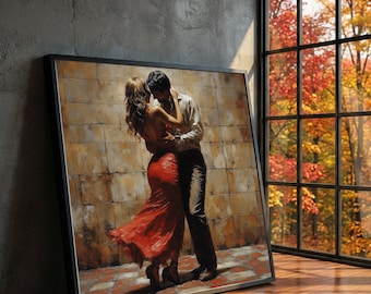 May include: Framed artwork depicting a couple dancing. The woman wears a flowing red dress, and the man is in a white shirt and dark pants. The background features a textured wall and a checkered floor. The artwork is in a black frame.