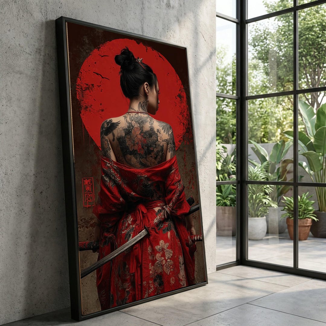 Japanese Woman Samurai Canvas Art, Red Kimono Tattoo Wall Decor - Etsy