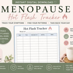 Könnte beinhalten: Ein digitaler Download mit dem Titel "Menopause Hot Flash Tracker". Das Design zeigt ein Tracker-Formular mit Abschnitten für Datum, Uhrzeit, Intensität, Aktivität und Notizen. Zusätzlicher Text lautet "Verfolgen Sie Ihre Symptome", "Finden Sie Ihre Muster" und "Nehmen Sie Ihren Tag zurück."