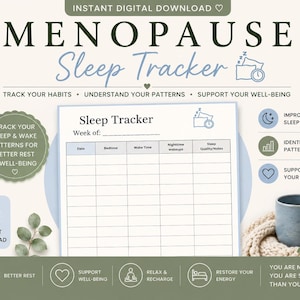 Op de afbeelding: Digitale download van een Menopauze Slaap Tracker. Het ontwerp bevat een slaaptracker grafiek, iconen en de tekst: "Volg je gewoonten", "Begrijp je patronen" en "Ondersteun je welzijn". De afbeelding toont een mok, een deken en eucalyptusbladeren.