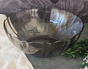 Vintage Arcoroc France Smoked Glass Serving Bowl, 8” Scalloped Rim
