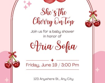 Pink And Red Playful Cherry On Top Baby Shower Invitation