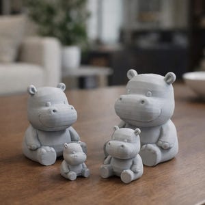 May include: Four gray hippo figurines of varying sizes are arranged on a wooden table. The hippos are sitting, with a smiling expression. The figurines appear to be made of a solid material, and are a light gray color.