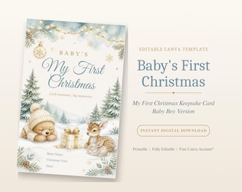 May include: An editable digital template for a Baby's First Christmas keepsake card featuring a watercolor illustration of a bear in a hat, a deer, and a rabbit in a snowy forest with string lights, text, and fields for baby details.
