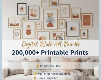 Puede incluir: Una pared de galería con numerosos grabados enmarcados con formas abstractas, ilustraciones botánicas y texto en tonos naranja, marrón y crema. El texto dice Digital Wall Art Bundle, 200,000+ Printable Prints, Commercial Use, PLR MRR Resell Rights, Home Decor Art, Instant Download.
