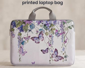 Butterfly Floral Laptop Sleeve 13 14 15 15.6 Inch Padded Cute Bag with Handle Women Girls Office Travel Grey Purple