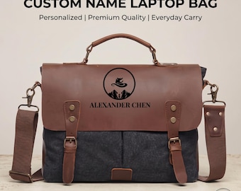 Personalized Leather Canvas Laptop Messenger Bag Vintage 15 16 Inch Men Women Office School Travel Gift Coffee Brown