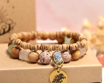 Conjunto de pulseira do Zodíaco Chinês, pingente de cavalo de fogo, difusor de aromaterapia em pedra vulcânica, cristais da sorte para bolso, presente para ela.